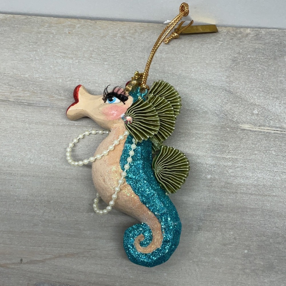 Katherine's Collection Seahorse Ornament Teal Glitter Pearl Necklace Whimsical